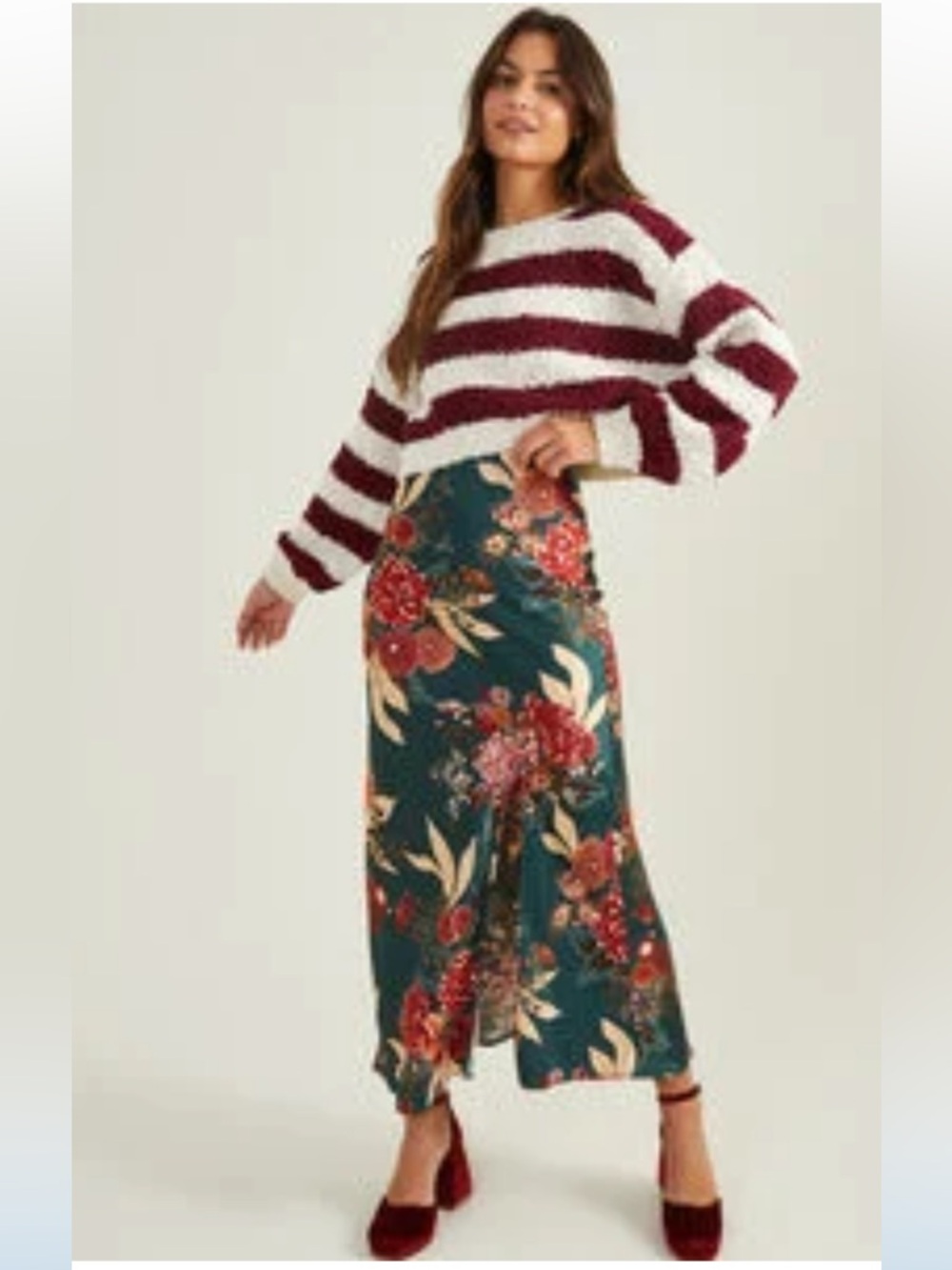 Altar’d State Opal Striped Popcorn Sweater Cropped Burgundy Cream Size Small